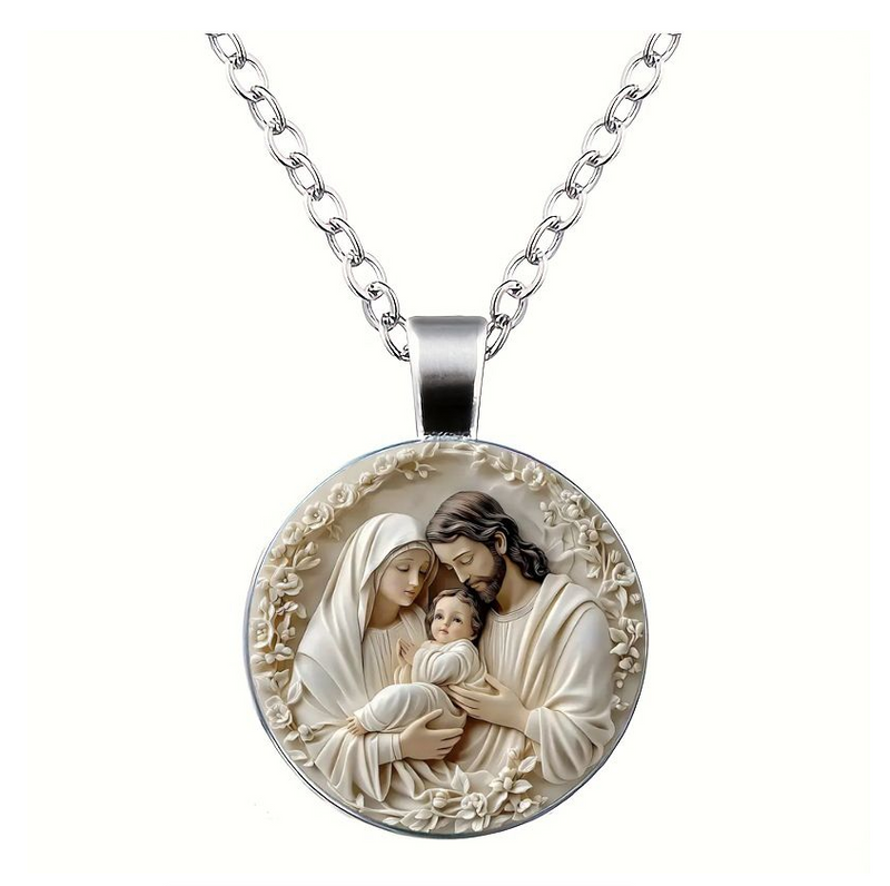 Family Glass Pendant Necklace Catholic Saint Joseph Virgin Mary Jesus