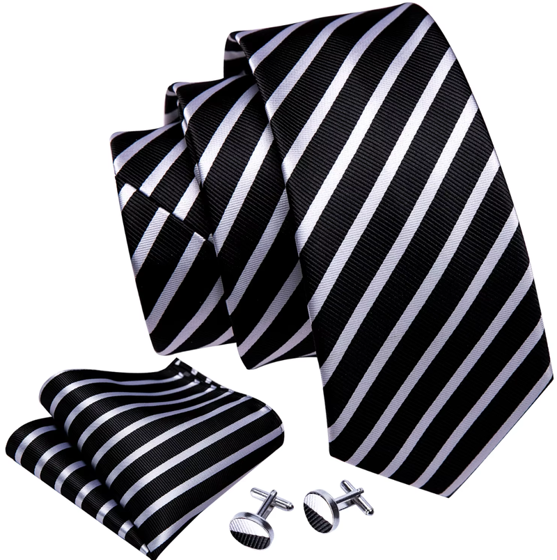 Mens Tie Jacquard Necktie Pocket Square Cufflinks Set Black White Striped