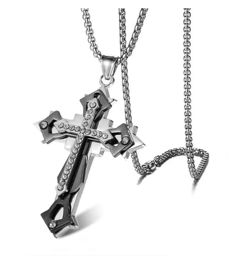 New Multilayer Cross Necklace with Diamond Pendant Stainless Steel Chain