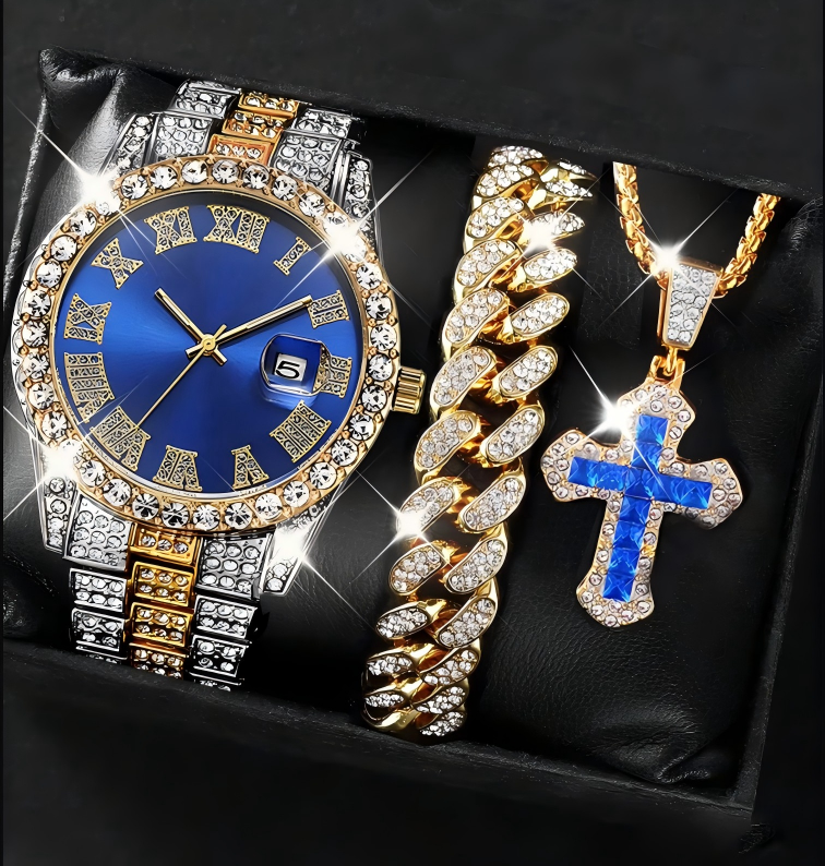 IPSTYLE Men's Quartz Watch Classic Hip Hop Bracelet And Necklace Party Wear