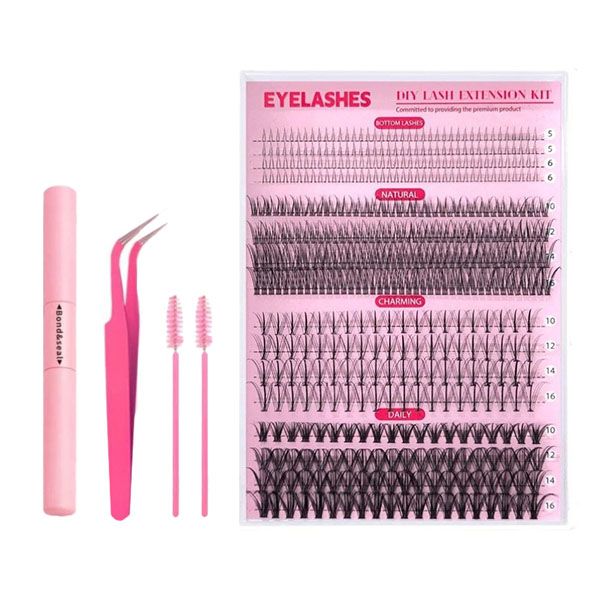 DIY Eyelash Extensions Kit5-16MM Natural, Lash Clusters Kit 480Pcs Wispy Lash Glue Bond and Seal Self Application for Lash Extension Beginner