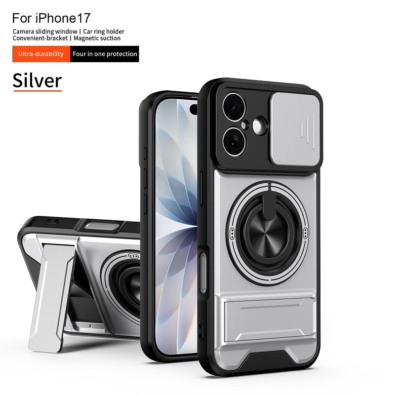 Luxury Slide Camera Lens Cover Case for iPhone 17, Built-in Ring Stand and Folding Stand Magnetic Protective Case