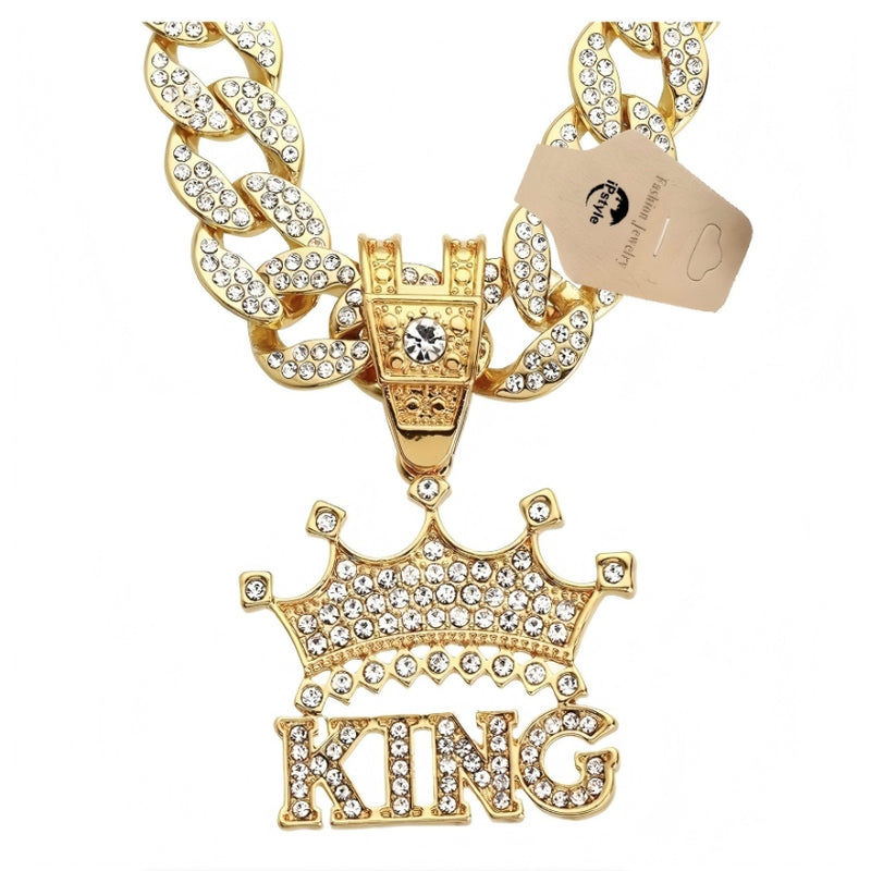 Hip Hop Crown King Pendant Necklace with 13mm Crystal Cuban Chain