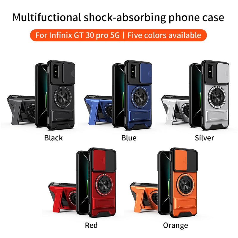 Luxury Slide Camera Lens Cover Case for Infinix GT 30 Pro 5G, Built-in Ring Stand and Folding Stand Magnetic Protective Case