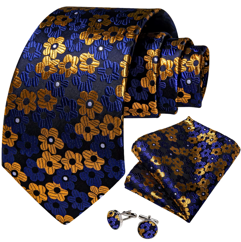 Luxury Men's Tie Necktie Pocket Square Cufflinks Set Yellow Blue Floral