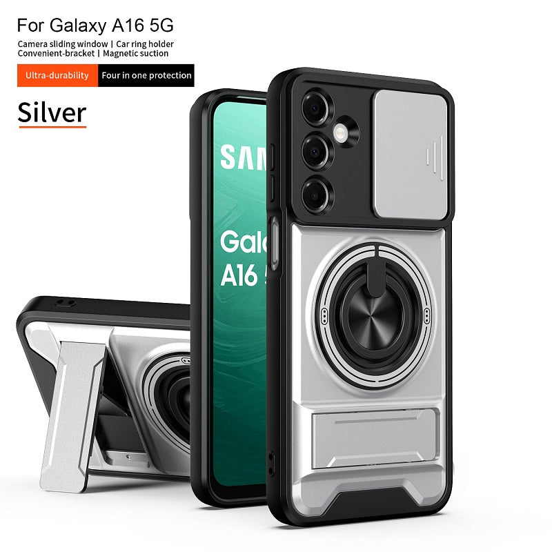Luxury Slide Camera Lens Cover Case for Samsung Galaxy A16 5G/4G, Built-in Ring Stand and Folding Stand Magnetic Protective Case