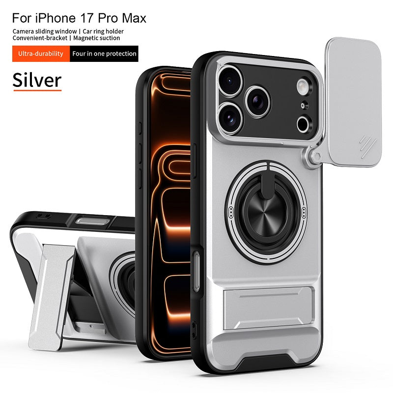 Luxury Slide Camera Lens Cover Case for iPhone 17 Pro Max, Built-in Ring Stand and Folding Stand Magnetic Protective Case