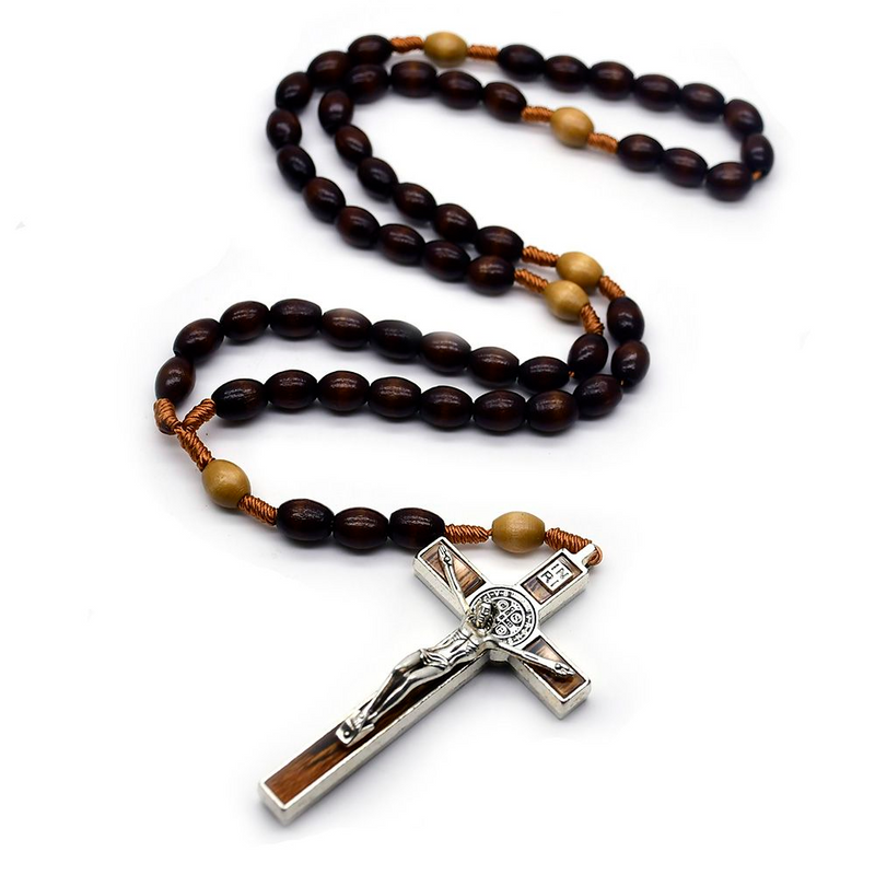 Dark Coffee Rice Shaped Wood Beads Rope Rosary Cross Necklace