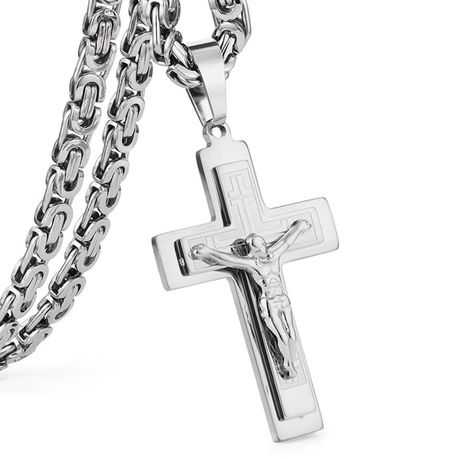Jesus Christ Cross Pendant Necklace Stainless Steel Byzantine Chain Jewelry