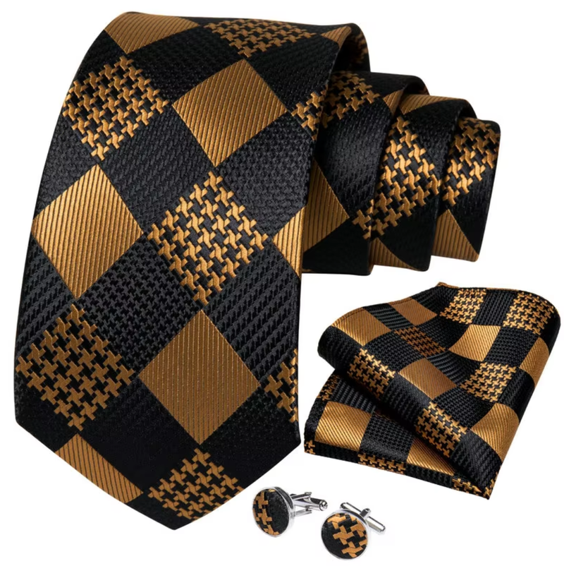 IPSTYLE Mens Tie Black Golden Jacquard Necktie Pocket Square Cufflinks Set