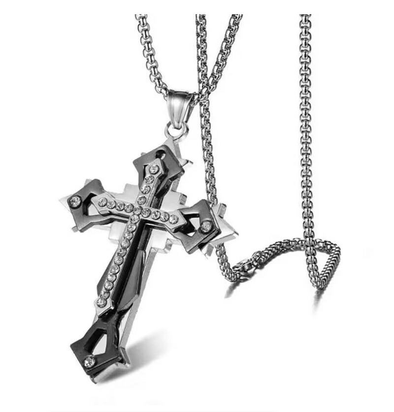 New Multilayer Cross Necklace with Diamond Pendant Stainless Steel Chain