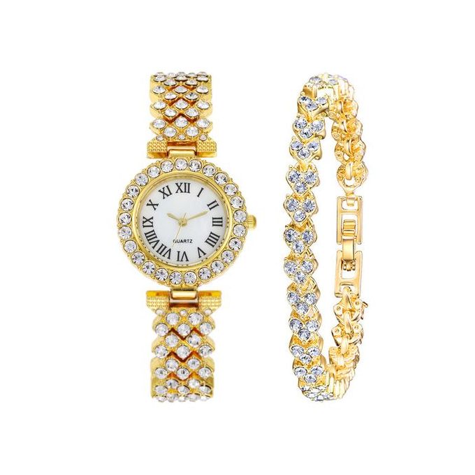 2 In 1 Rhinestone Woman Wrist Watch And Gold Bracelet