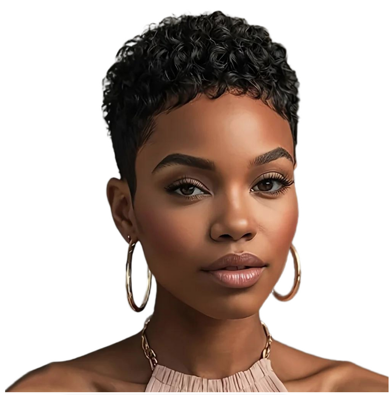 IPSTYLE Short Afro Curly Human Hair Wig 150% Density Remy Hair Machine Pixie Cut