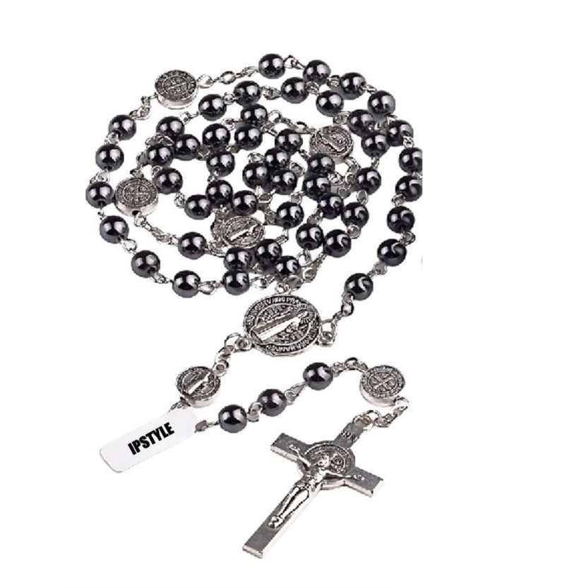 Necklace Car Ornament Black Hematite Bead Saint Benedict Medal Jesus Cross