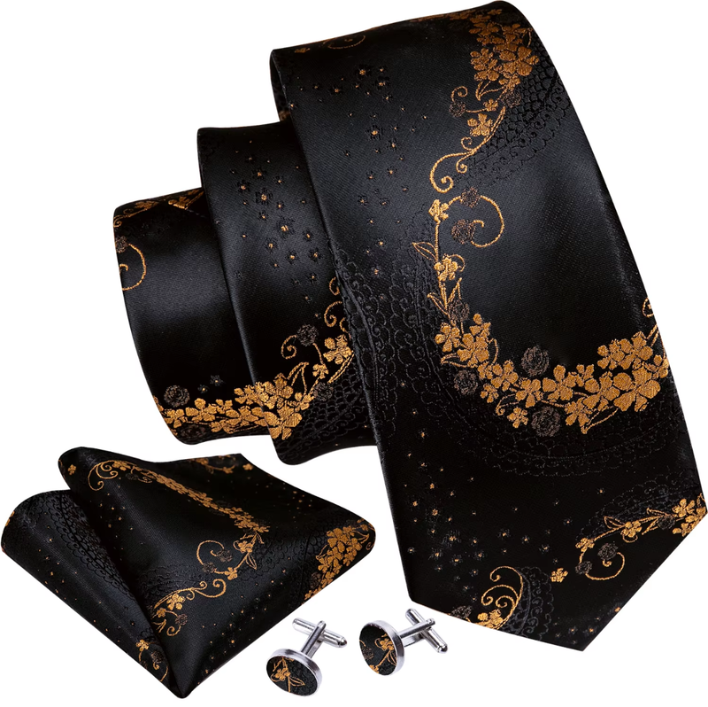 Mens Tie Jacquard Necktie Pocket Square Cufflinks Set Black Golden Floral