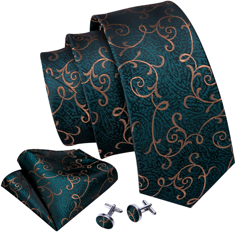 Mens Tie Jacquard Necktie Pocket Square Cufflinks Set Green Golden Vine