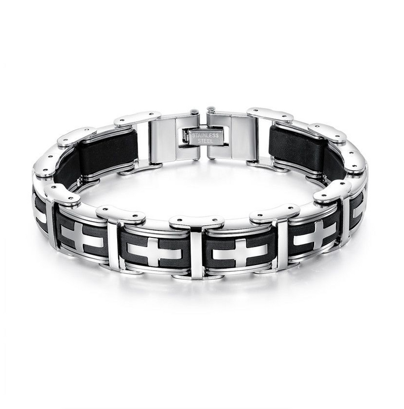 Stainless Steel Cross Symbol Charm Bracelet Men Top Quality Black Rubber