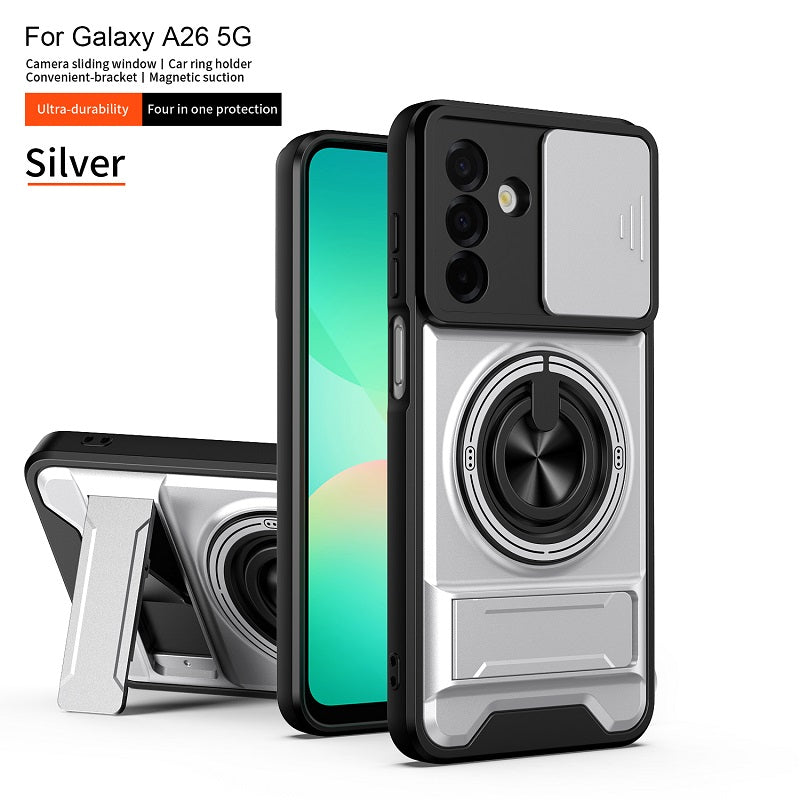 Luxury Slide Camera Lens Cover Case for Samsung Galaxy A26 5G, Built-in Ring Stand and Folding Stand Magnetic Protective Case