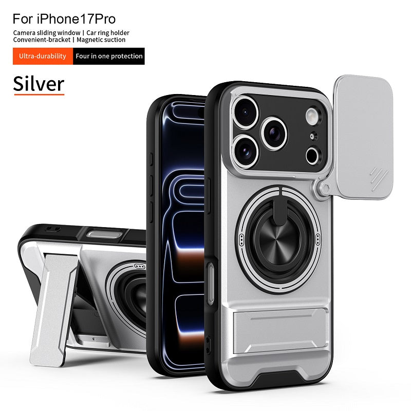 Luxury Slide Camera Lens Cover Case for iPhone 17 Pro, Built-in Ring Stand and Folding Stand Magnetic Protective Case