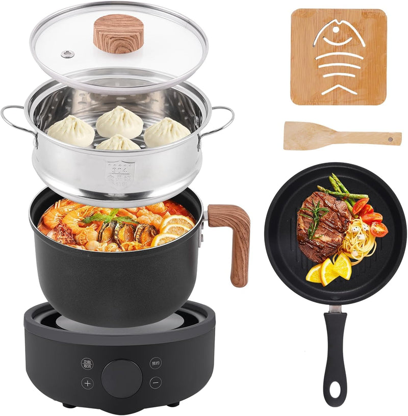 Hot Pot Mini Cooker, 1.8L Ceramic Non-Stick Frying Pan with Steamer
