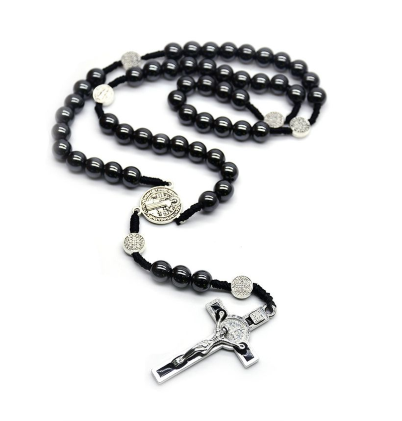 Hematite Strand Woven Crucifix Pendant Necklace Saint Benedict Rosary