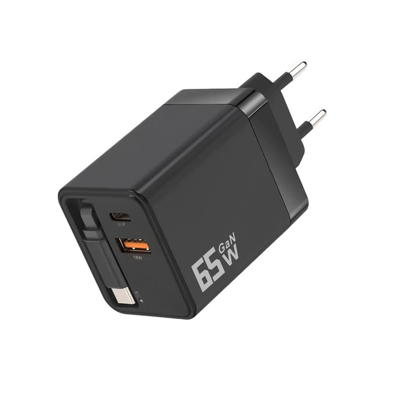 65W Fast Quick Charge 3 Ports USB Type C Adapter Built In Cable Compatible With iPhone and Samsung and Xiaomi devices.