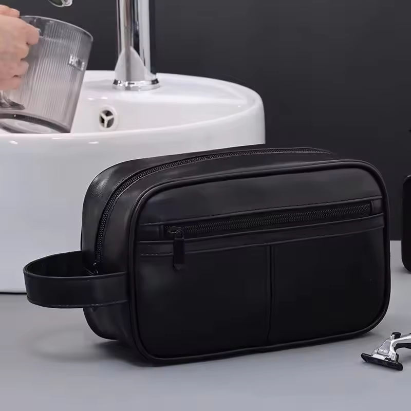 Contrast Color Men's PU Wash Bag Medium Capacity Waterproof Zipper Closure Side Handle Portable Cosmetic Storage Travel Fitness