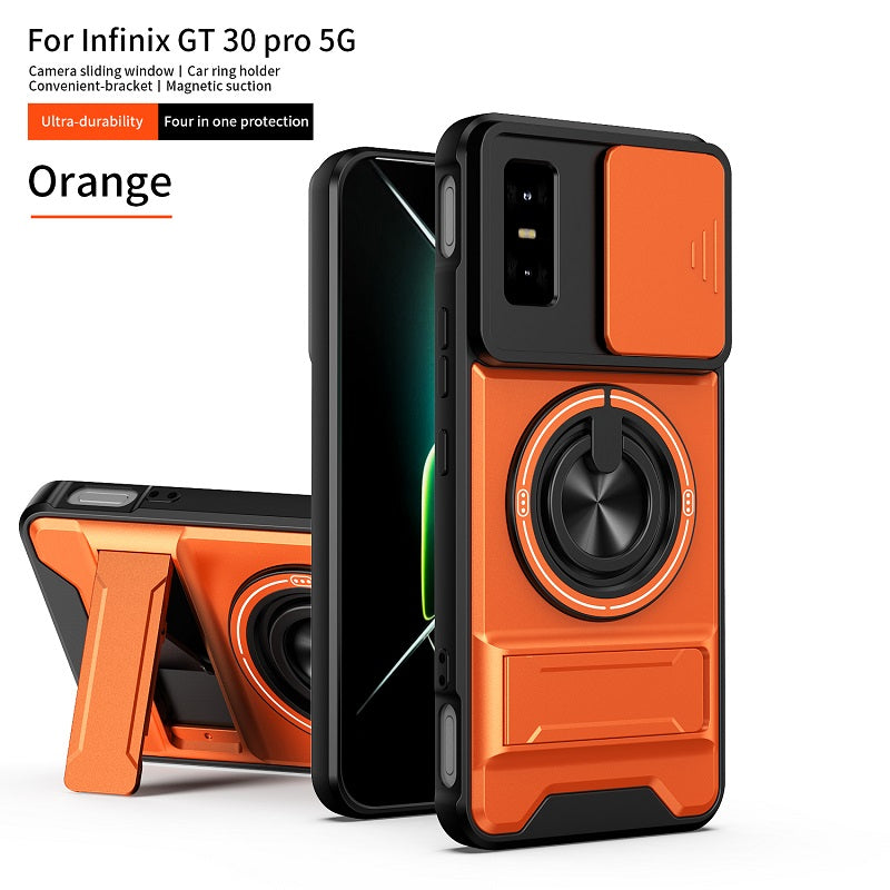 Luxury Slide Camera Lens Cover Case for Infinix GT 30 Pro 5G, Built-in Ring Stand and Folding Stand Magnetic Protective Case