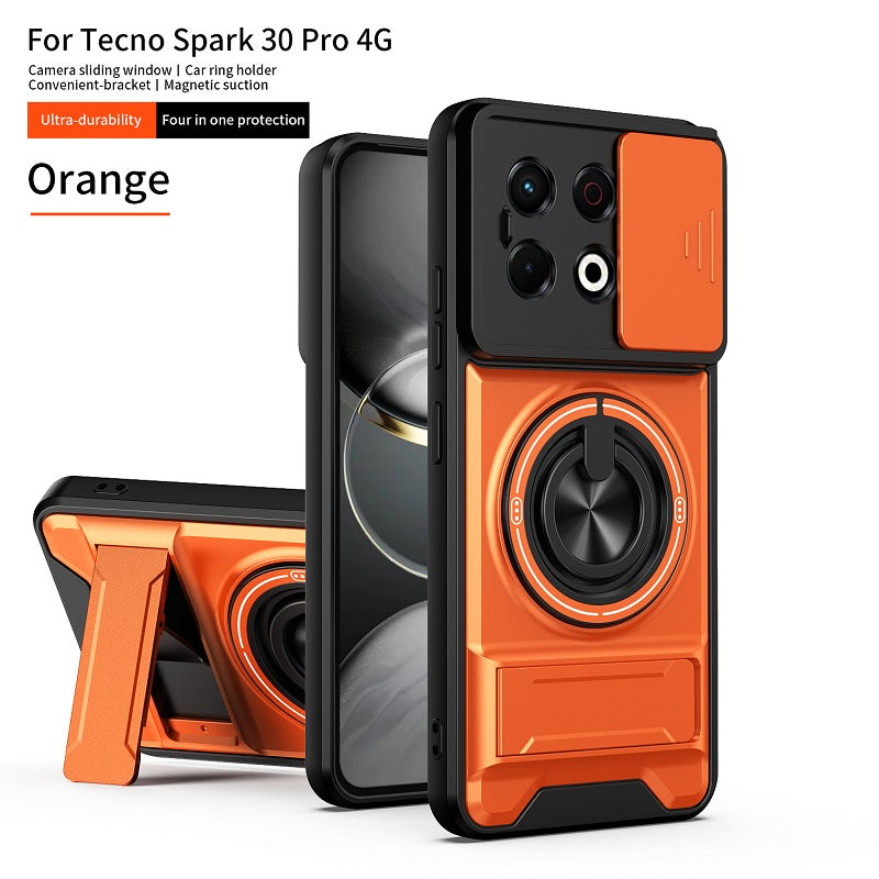 Luxury Slide Camera Lens Cover Case for Tecno Spark 30 Pro 4G, Built-in Ring Stand and Folding Stand Magnetic Protective Case