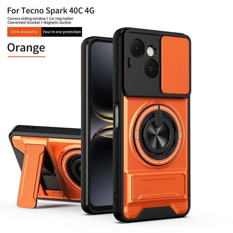 Luxury Slide Camera Lens Cover Case for Tecno Spark 40C 4G, Built-in Ring Stand and Folding Stand Magnetic Protective Case