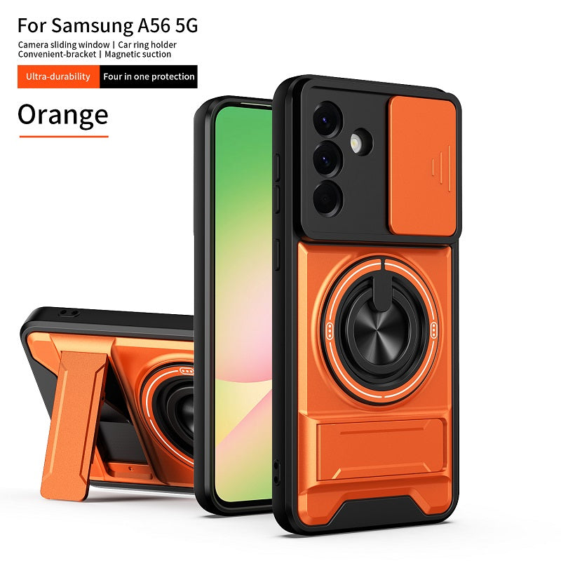 Luxury Slide Camera Lens Cover Case for Samsung Galaxy A56 5G, Built-in Ring Stand and Folding Stand Magnetic Protective Case