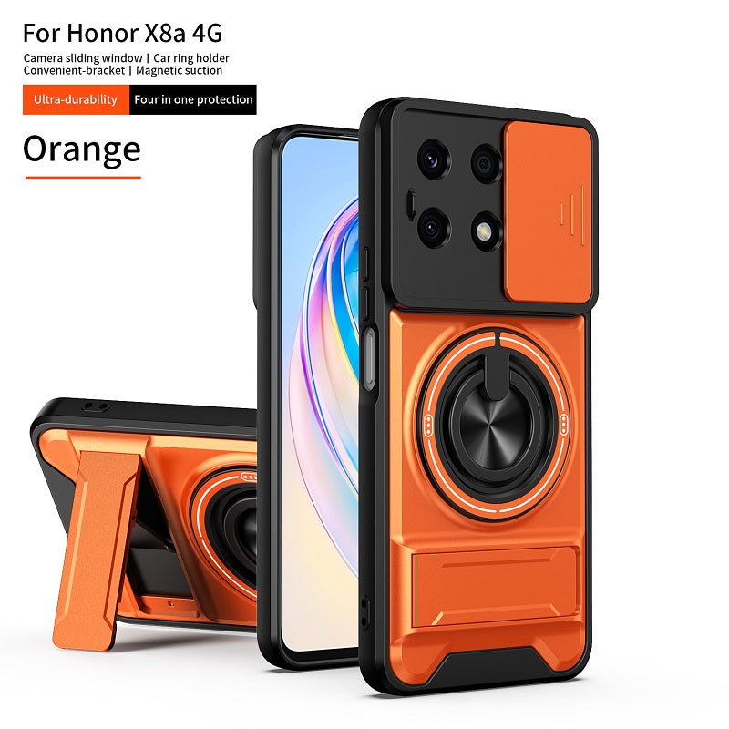 Luxury Slide Camera Lens Cover Case for Honor X8A 4G, Built-in Ring Stand and Folding Stand Magnetic Protective Case