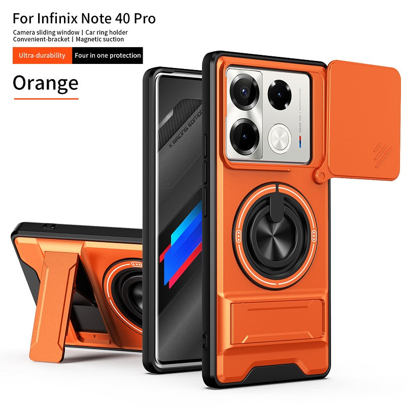 Luxury Slide Camera Lens Cover Case for Infinix Note 40 Pro 5G/4G, Built-in Ring Stand and Folding Stand Magnetic Protective Case