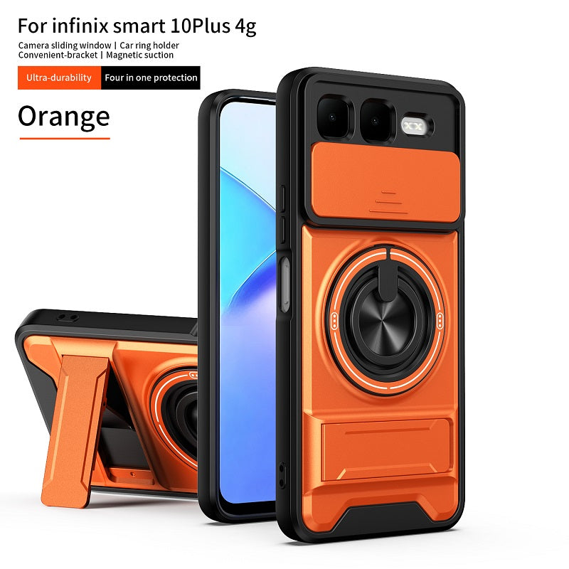 Luxury Slide Camera Lens Cover Case for Infinix Smart 10 Plus 4G, Built-in Ring Stand and Folding Stand Magnetic Protective Case