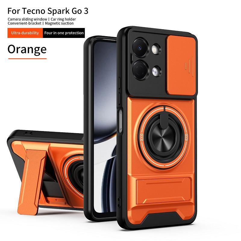 Luxury Slide Camera Lens Cover Case for Tecno Spark Go 3, Built-in Ring Stand and Folding Stand Magnetic Protective Case