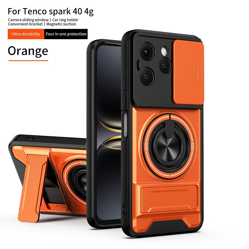 Luxury Slide Camera Lens Cover Case for Tecno Spark 40 4G, Built-in Ring Stand and Folding Stand Magnetic Protective Case