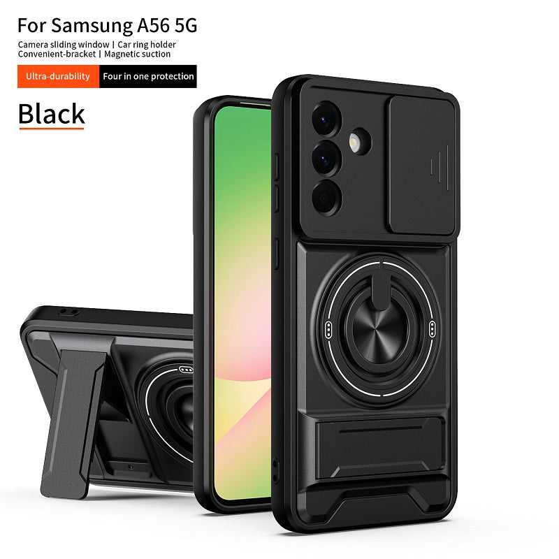 Luxury Slide Camera Lens Cover Case for Samsung Galaxy A56 5G, Built-in Ring Stand and Folding Stand Magnetic Protective Case