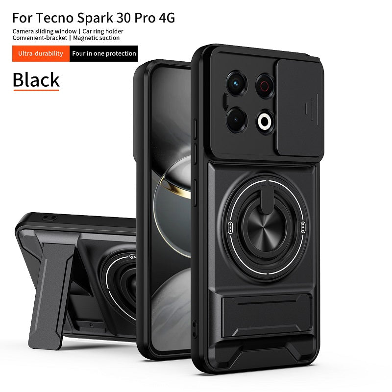 Luxury Slide Camera Lens Cover Case for Tecno Spark 30 Pro 4G, Built-in Ring Stand and Folding Stand Magnetic Protective Case