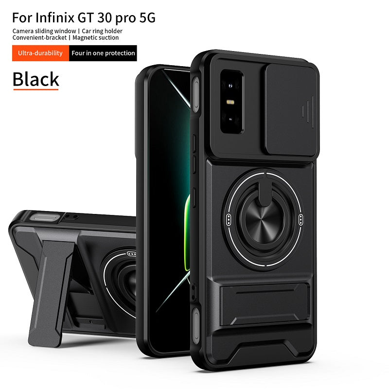 Luxury Slide Camera Lens Cover Case for Infinix GT 30 Pro 5G, Built-in Ring Stand and Folding Stand Magnetic Protective Case