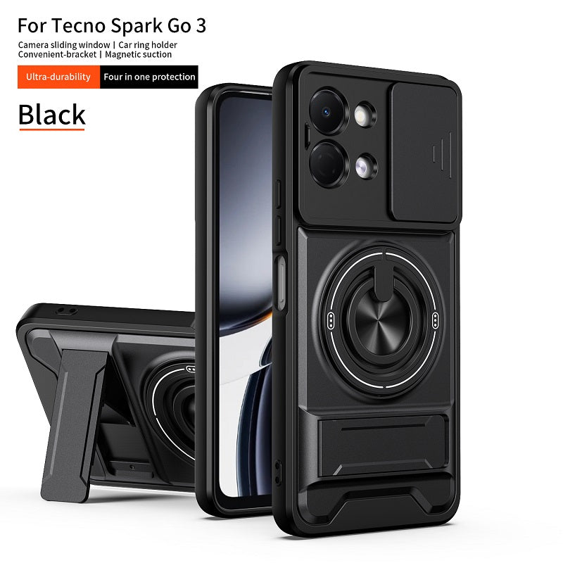 Luxury Slide Camera Lens Cover Case for Tecno Spark Go 3, Built-in Ring Stand and Folding Stand Magnetic Protective Case