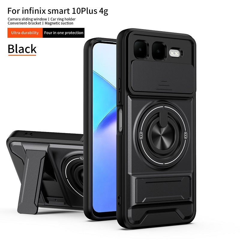 Luxury Slide Camera Lens Cover Case for Infinix Smart 10 Plus 4G, Built-in Ring Stand and Folding Stand Magnetic Protective Case