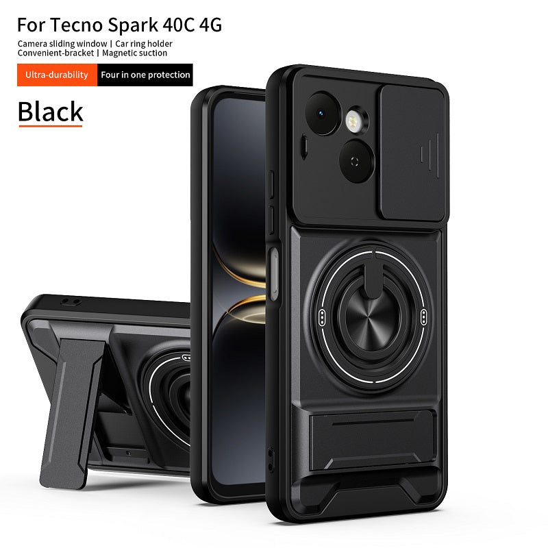 Luxury Slide Camera Lens Cover Case for Tecno Spark 40C 4G, Built-in Ring Stand and Folding Stand Magnetic Protective Case
