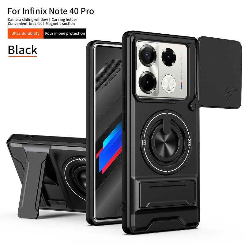 Luxury Slide Camera Lens Cover Case for Infinix Note 40 Pro 5G/4G, Built-in Ring Stand and Folding Stand Magnetic Protective Case