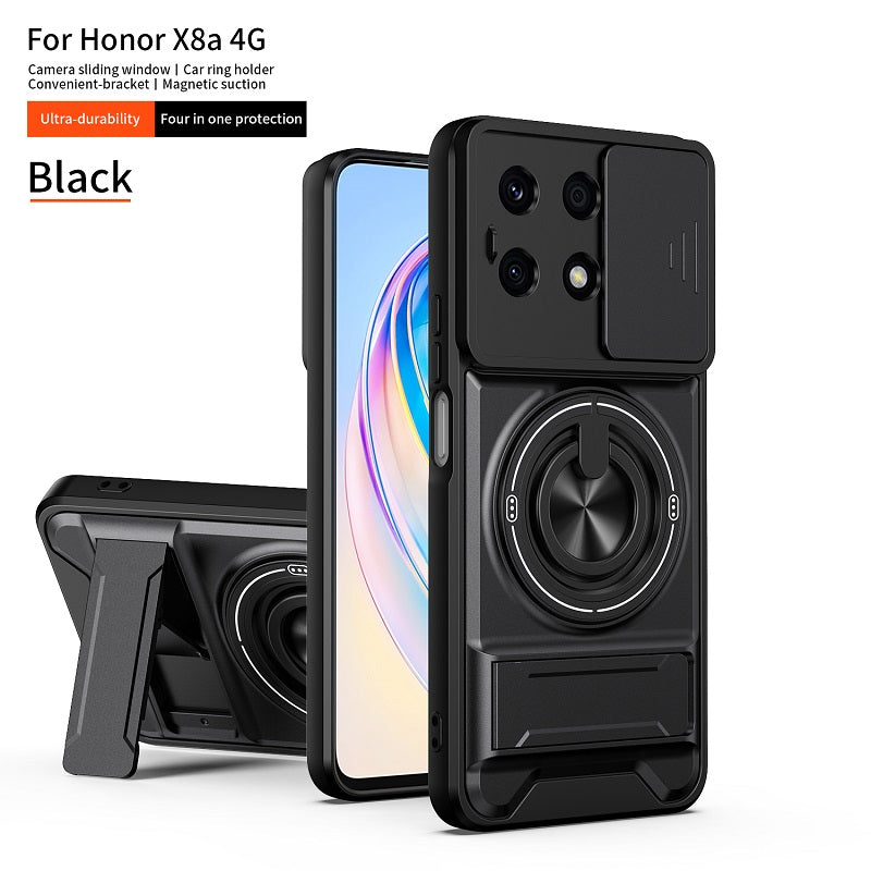 Luxury Slide Camera Lens Cover Case for Honor X8A 4G, Built-in Ring Stand and Folding Stand Magnetic Protective Case