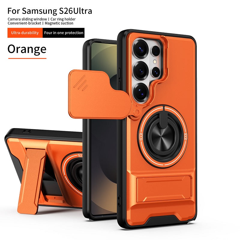 Luxury Slide Camera Lens Cover Case for Samsung Galaxy S26 Ultra, Built-in Ring Stand and Folding Stand Magnetic Protective Case