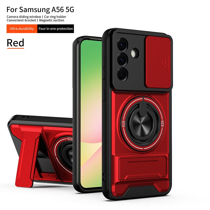 Luxury Slide Camera Lens Cover Case for Samsung Galaxy A56 5G, Built-in Ring Stand and Folding Stand Magnetic Protective Case
