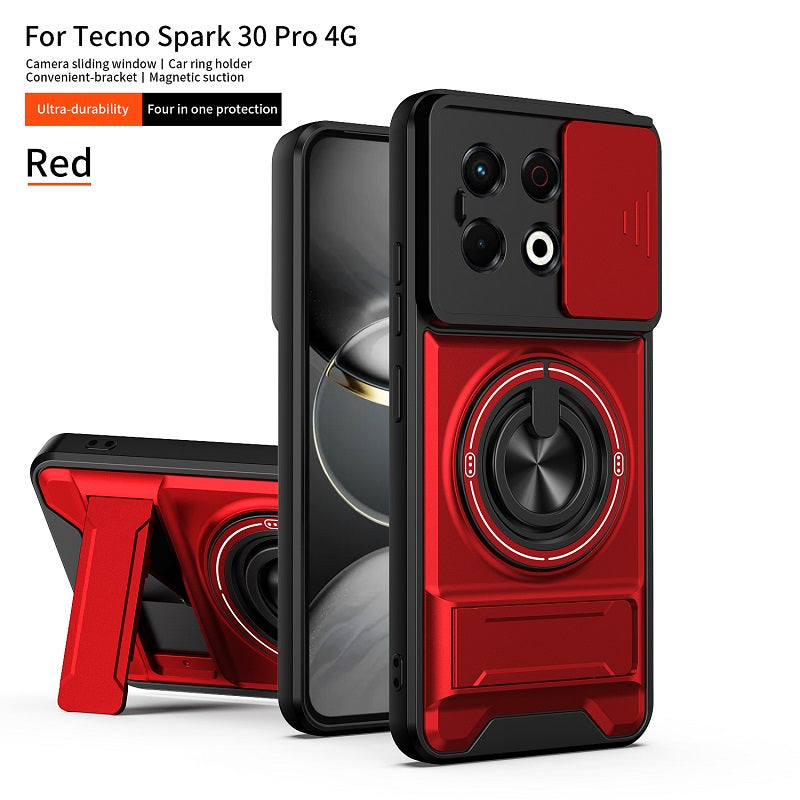Luxury Slide Camera Lens Cover Case for Tecno Spark 30 Pro 4G, Built-in Ring Stand and Folding Stand Magnetic Protective Case