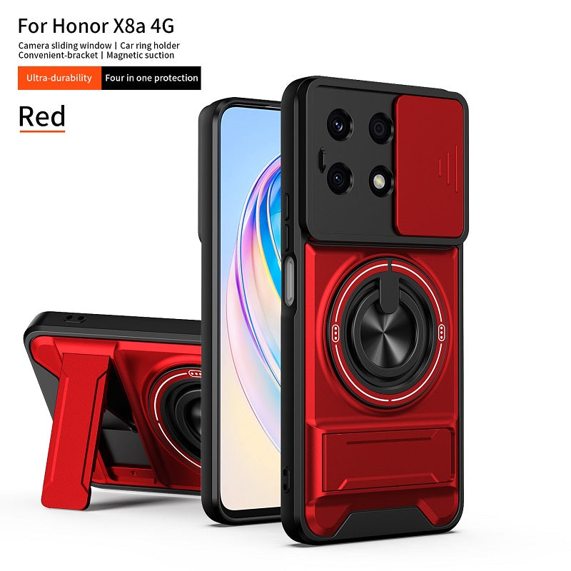 Luxury Slide Camera Lens Cover Case for Honor X8A 4G, Built-in Ring Stand and Folding Stand Magnetic Protective Case
