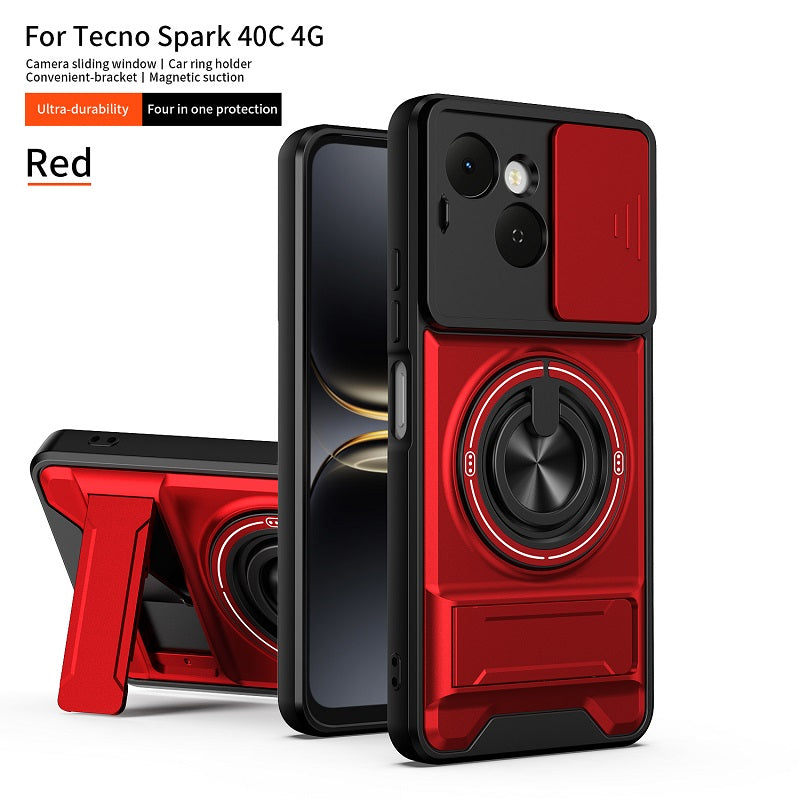 Luxury Slide Camera Lens Cover Case for Tecno Spark 40C 4G, Built-in Ring Stand and Folding Stand Magnetic Protective Case