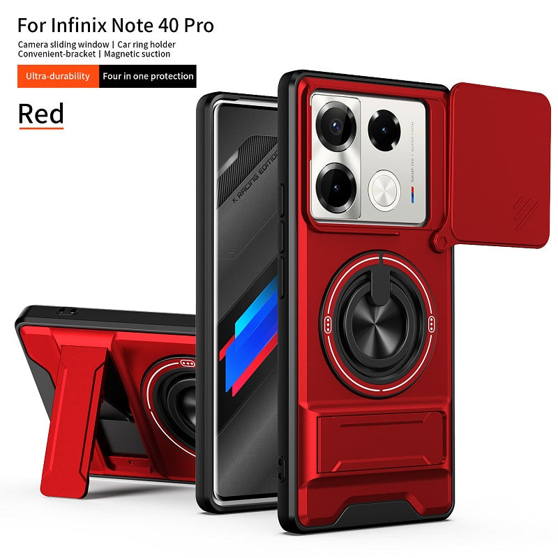 Luxury Slide Camera Lens Cover Case for Infinix Note 40 Pro 5G/4G, Built-in Ring Stand and Folding Stand Magnetic Protective Case
